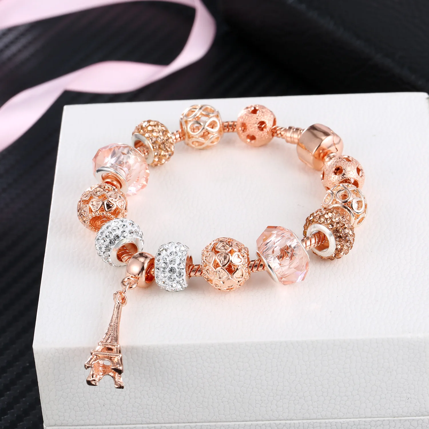  Exquisite Design Austrian Crystal Beads Bracelets Rose Gold Plated Heart Charm For Women