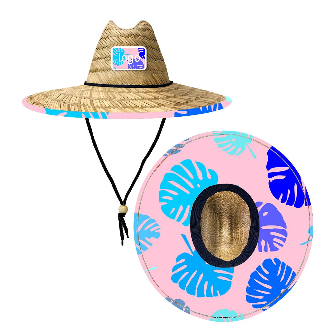 Custom Print Design Logo Patch Natural Straw Sombreros  Fisherman Lifeguard Sun Hat Summer Wide Brim Fishing  Beach Hat