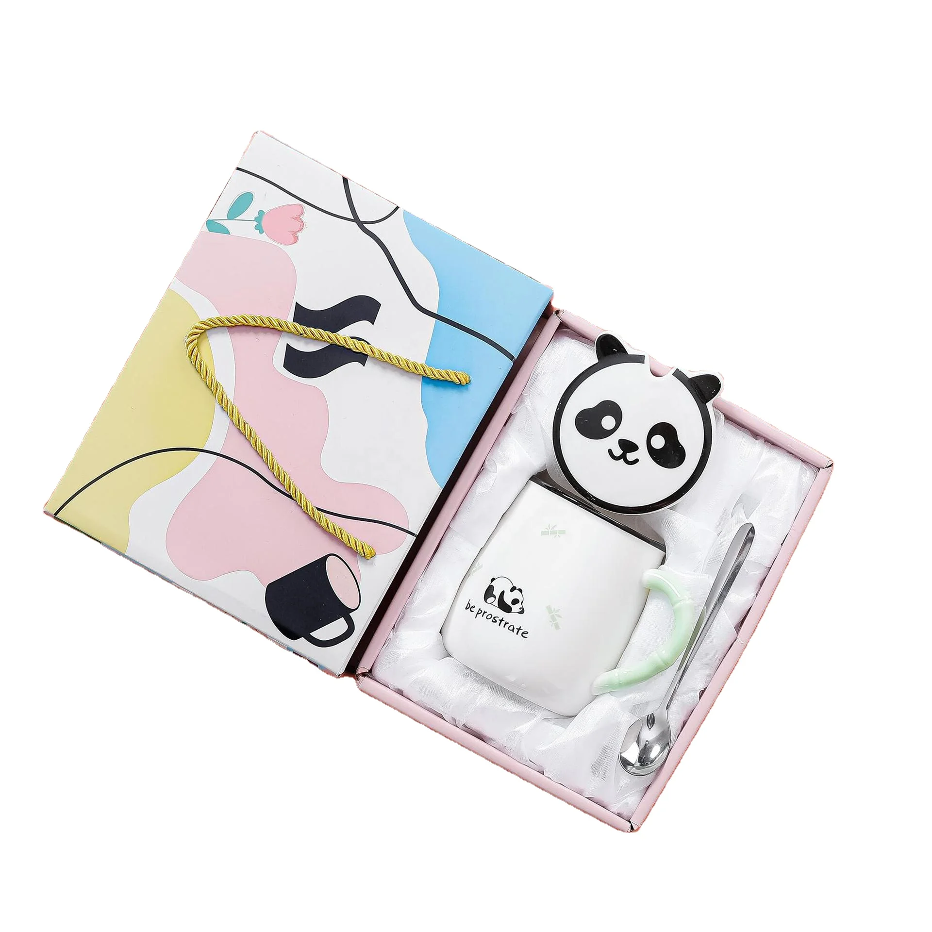 Hot Selling Cute Lovely Chinese Lazy Panda Ceramic Coffee mugs cups with Lid And Spoon