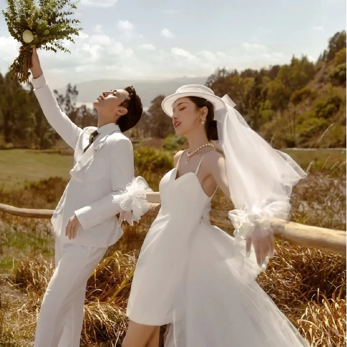 New French top hat veil vintage wool tweed elegant white bow hat Hair accessories royal househ long yarn flower top hat