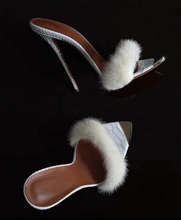 
Luxury white snow real mink fur spike ladies women dating shoes high heels sandals 2021 fashion hot sale slipper mules shoes 