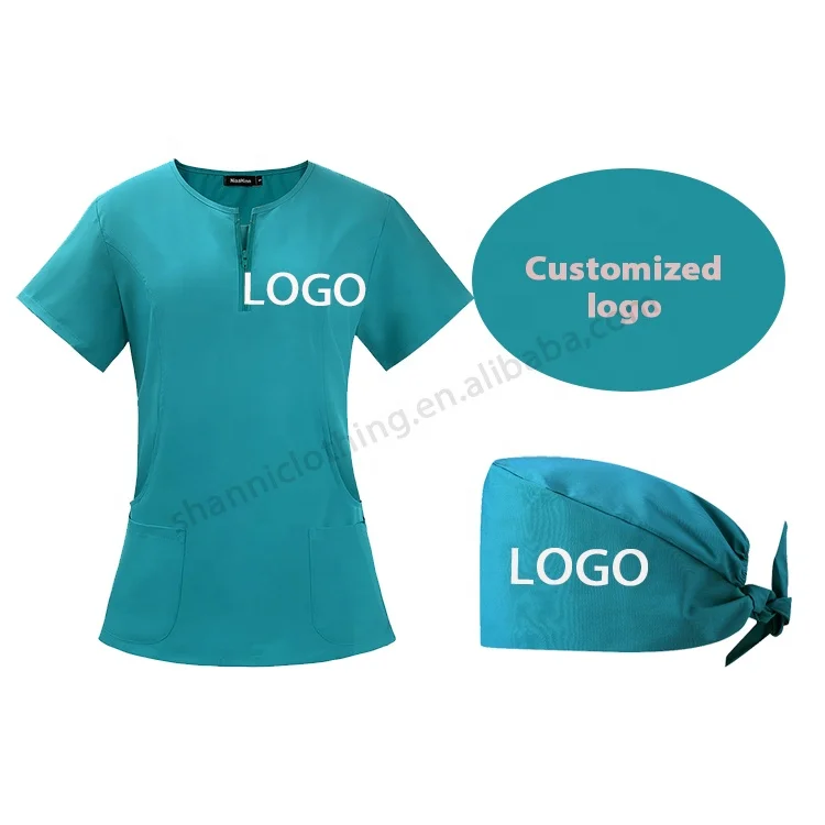 Wholesale Female Polyester Fabric Zipper O-Neck Scrub Suits with Surgical Hat Medical Clothes Uniforms