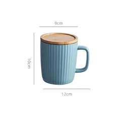 400ML Modern Simple Creative Nordic Solid Color Striped Wooden Lid Ceramic Mug