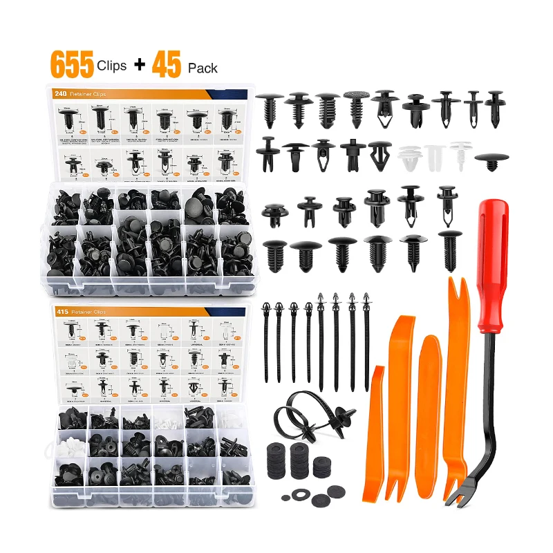 700Pcs 30 Sizes Nylon Bumper Fender Rivets Auto Push Retainer Car Clips with 10 Cable Ties Fasteners Remover
