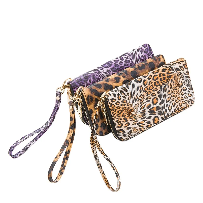 women long leopard leather Print wallet ladies clutch purse bag with handle