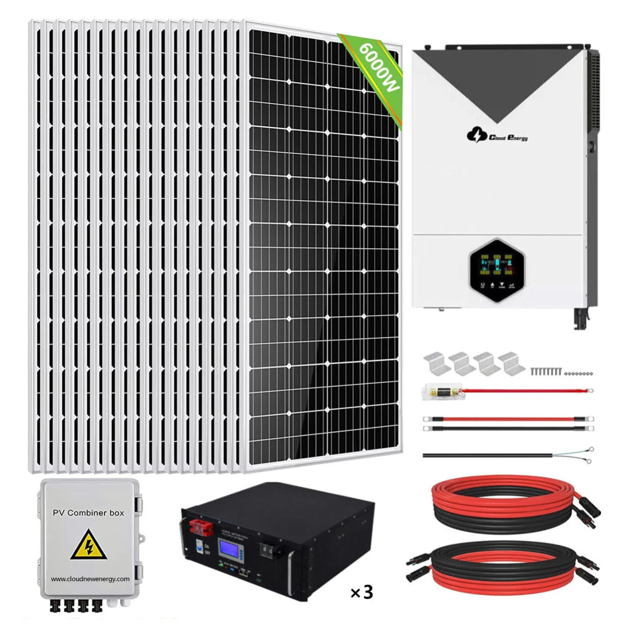 6000W Off Grid energy storage solar system for Home 3pcs 48V150 Ah Lifepo4 30 pcs 200W Solar Panel +6200W Inverter+accessories