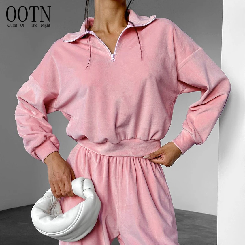 OOTN Ladies Autumn Fashion Sports Style Suit Women Pink Knitted Long Sleeve Elastic Pants Two Piece 2024 Elegant Women Suit