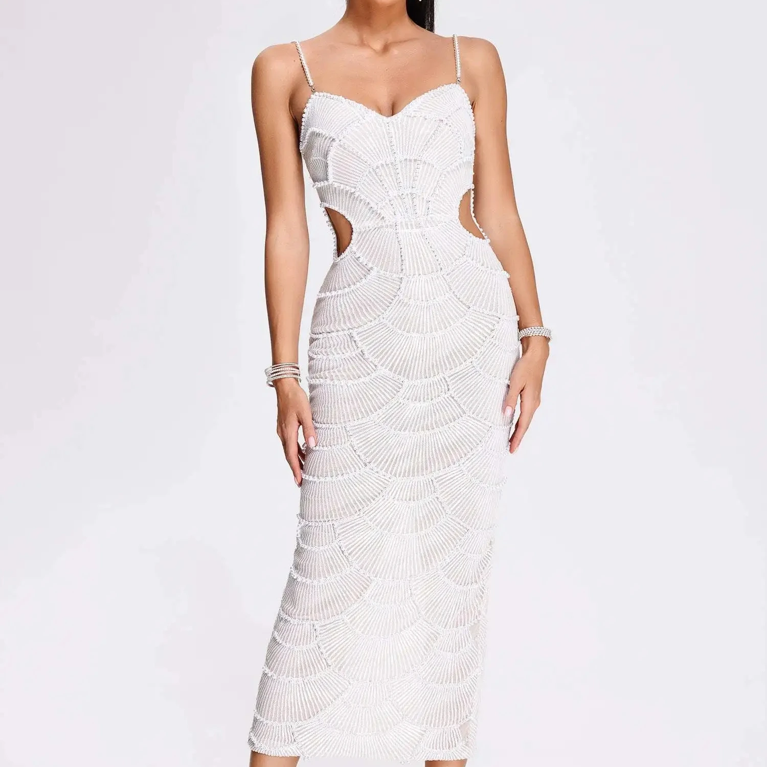 Ladies Celebrity Sequin Vestidos Sexy Cocktail Bodycon Backless Sleeveless White Sequin Pearl Midi Party Evening Dress Women