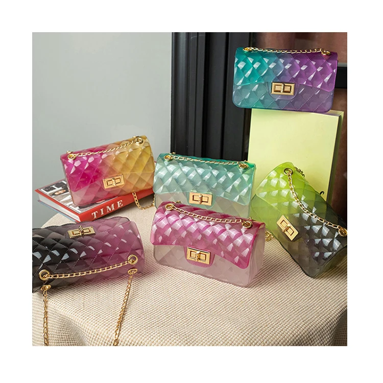 EM612 Hot 2022 PVC Rainbow Rhomboid Pattern Transparent Shoulder Bag Color Small Jelly Ladies Bags Beach Handbags For Women