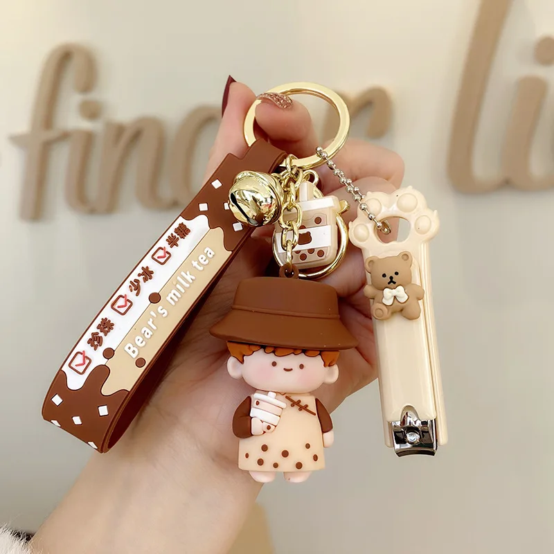 Creative Milk Bottle Crystal Milk Keychain Cute Hairy Ball Flowing Liquid Key Chain Milk Tea Bear Floating Liquid Keyring
