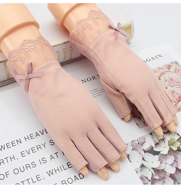 Sidiou Group Fashion Summer Women Thin Stitching Lace Gloves Breathable Non-Slip half Finger Cycling Elastic Anti UV Gloves