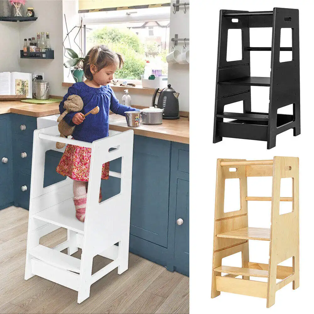 2 In 1 Toddler Standing Highchair Kitchen Helper Adjustable Solid Wood Step Stool Foldable Cook Montessori Baby Learning Tower