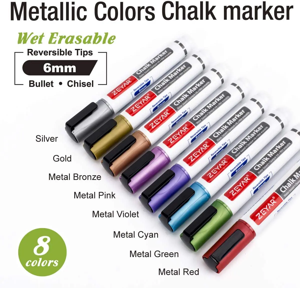 Customization  Liquid Chalk Markers Metallic Color Reversible Bullet And Chisel Tip, dry erase