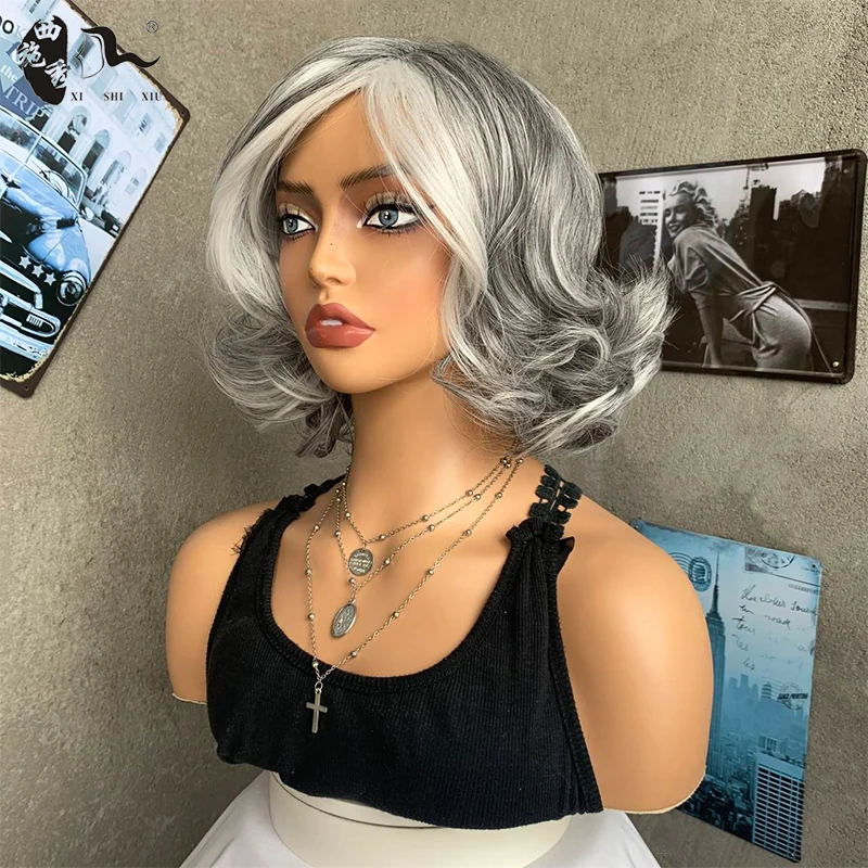 XISHIXIUHAIR short synthetic hair bob wig with kinky straight grey mixed color bob hair synthetic wigs for women