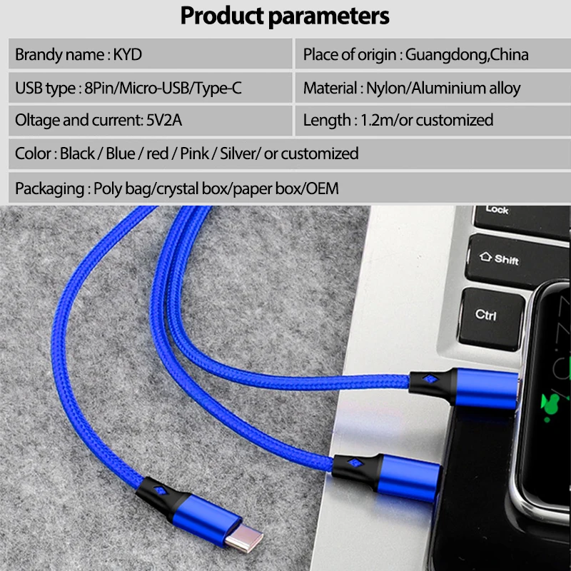 Free Sample 1.2m 3ft Nylon Braided USB Charging Cable 3 in 1 Micro 8Pin Type C Cable Data Charger Cable for phone