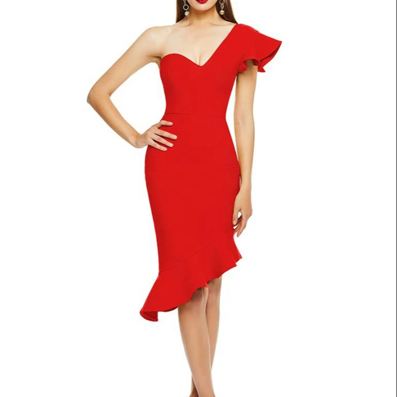 Custom Summer Luxury Beautiful Pencil Casual One Shoulder Red Bodycon Sexy Womens Dresses