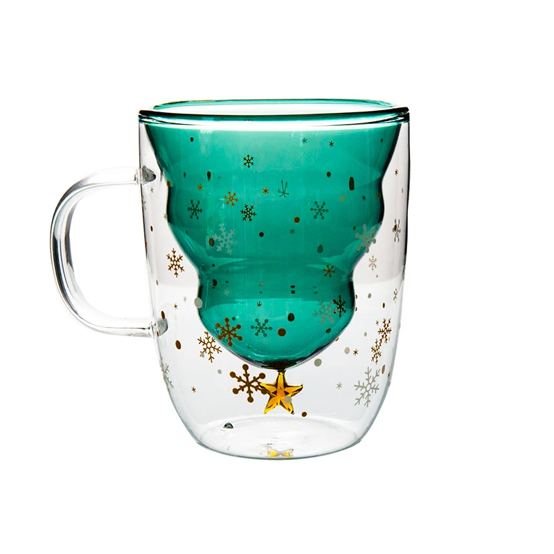Mouth blown Borosilicate Tea And Coffee Mug Christmas Tree Double Wall Glass Cup With Handle