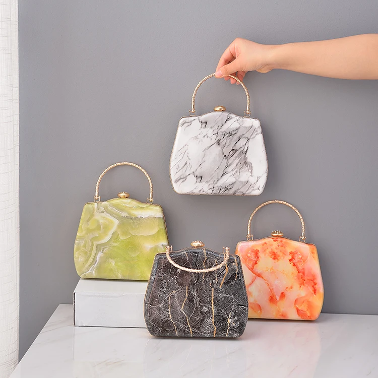 Fashion metal handle ladies handbag pu marble clutch for party banquet wedding