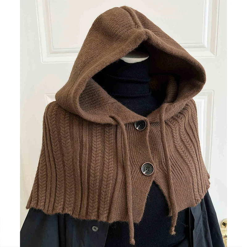 New Winter Windproof Hooded Scarf Hat Balaclava Beanie Neck Protect Cap Solid Plain Crochet Shawl Pullover Knitted Hat for Women