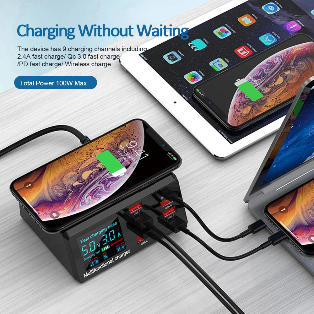 Amazon Горячая 8-портовая Беспроводная зарядная станция USB 100 Вт с портом быстрой зарядки 3 0 Type C и светодиодным