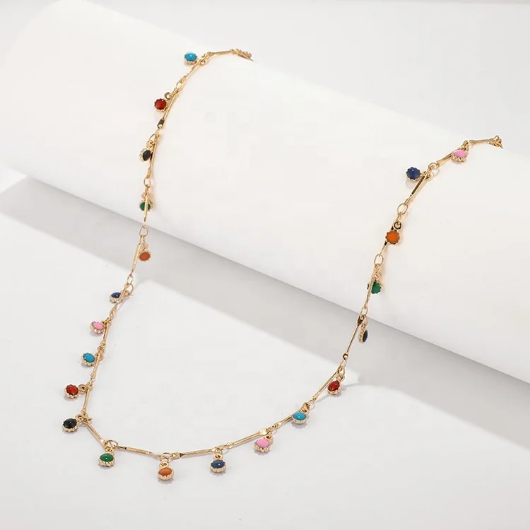 Boho Necklace With Tassel Chain Choker Women Single Layer Candy Color Small Ball Necklace