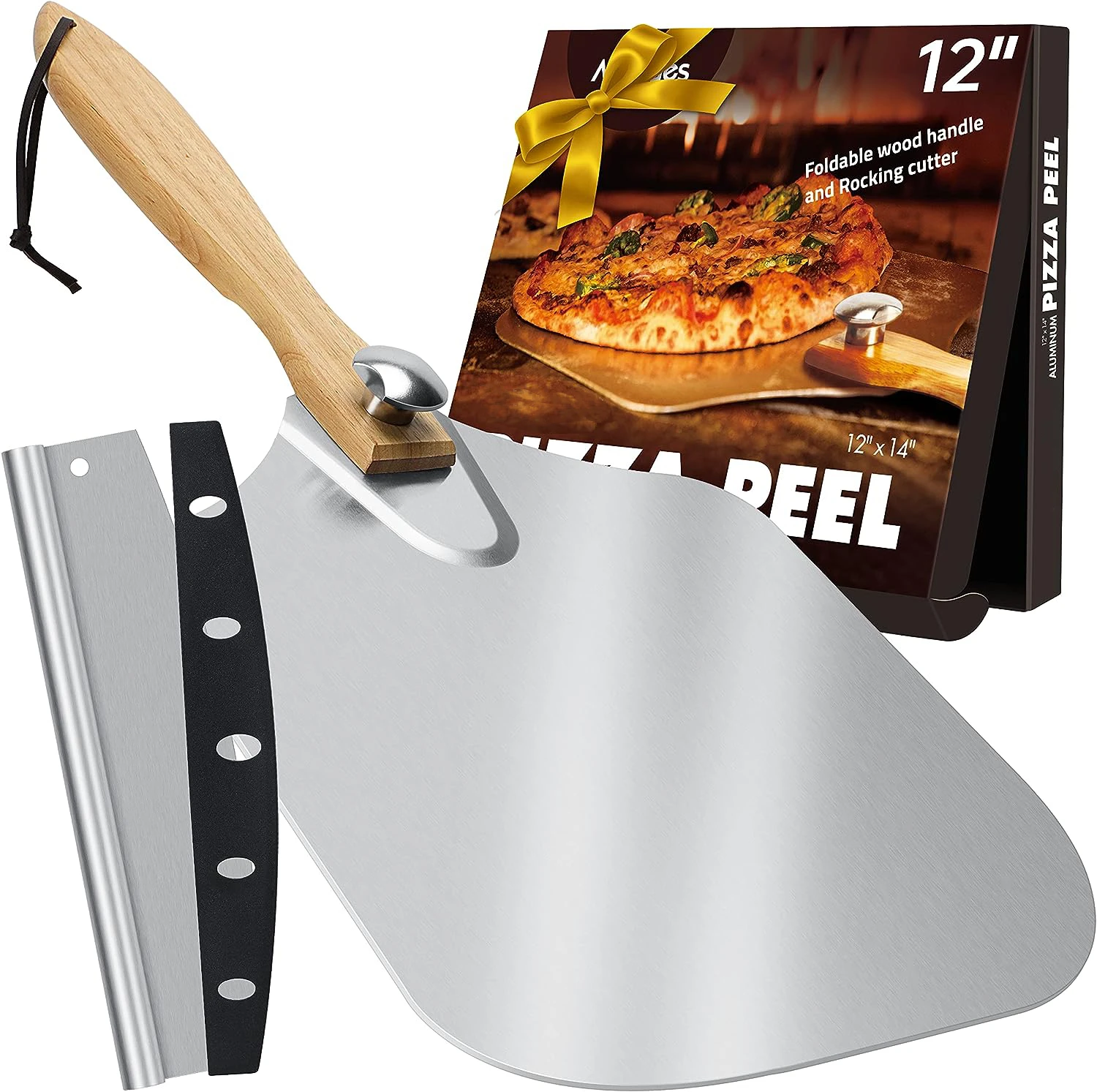 Pizza Grill Peel Aluminum Pizza Spatula With Rocker Cutter Foldable Wood Handle For Family Pizza Oven Baking Dough