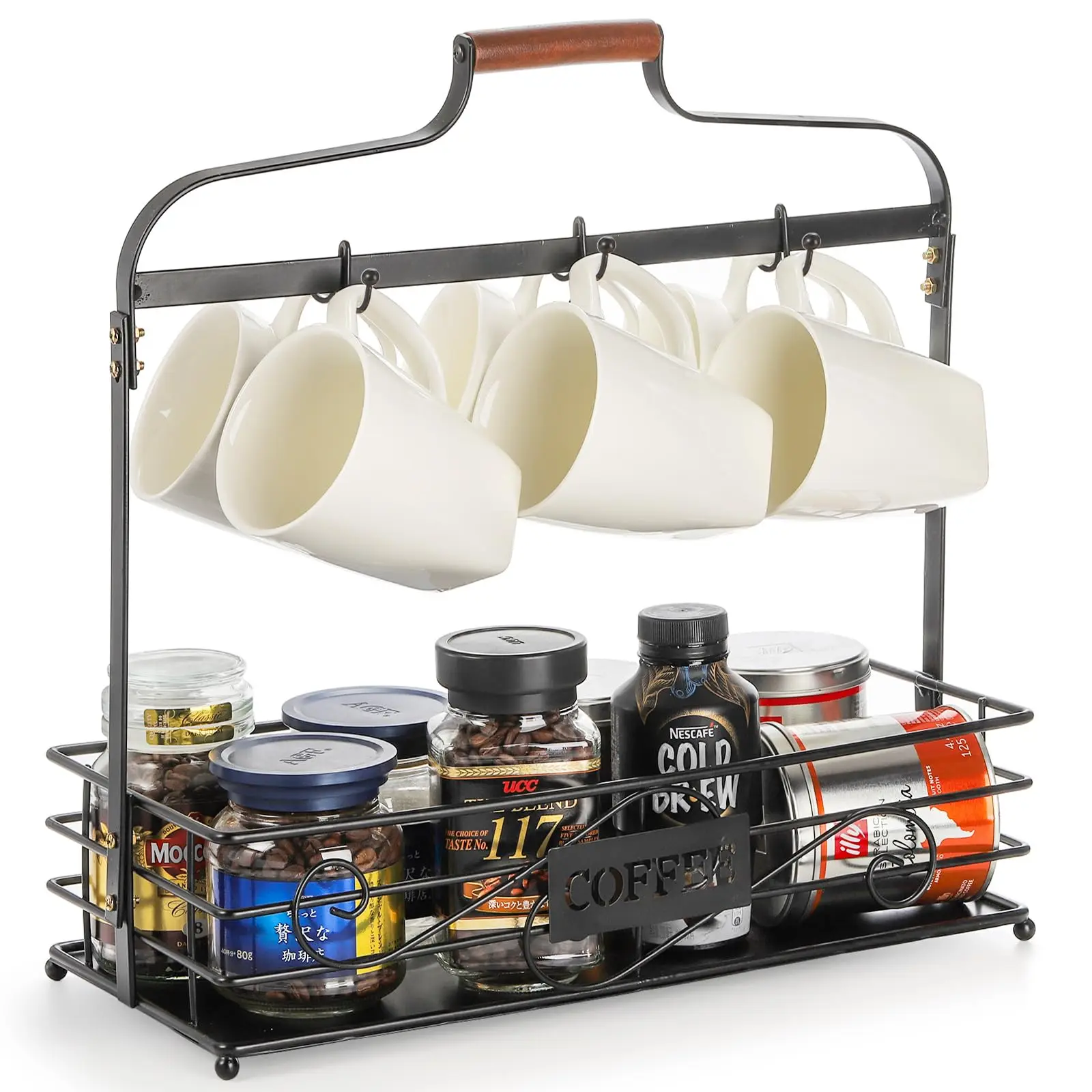 Coffee Mug Holder with Removable Hooks, 6 Coffee Cup Organizer for Countertop, Metal Coffee Pod Storage Spice Rack Stand