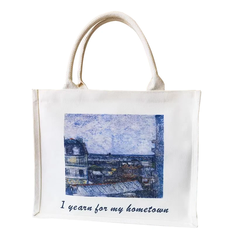 Eco friendly custom logo square shape laminated waterproof canvas cotton shopping tote bag with colored handle