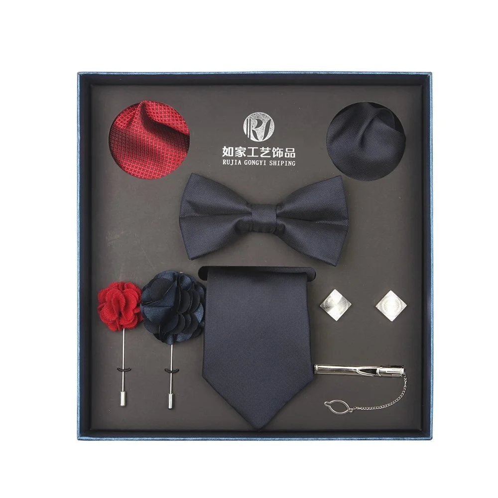 formal adults solid navy color polyester necktie handkerchief gift box set for busienss