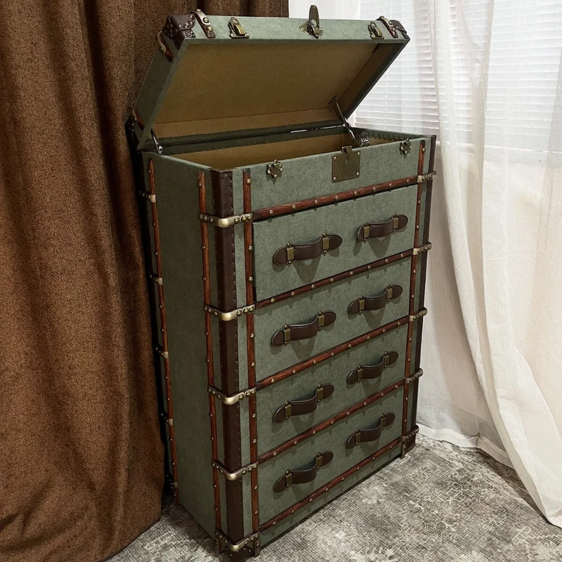 American Retro Style Leather Box High Bucket Cabinet Living Room Middle Ancient Entrance Cabinet Designer Storage Cabinet