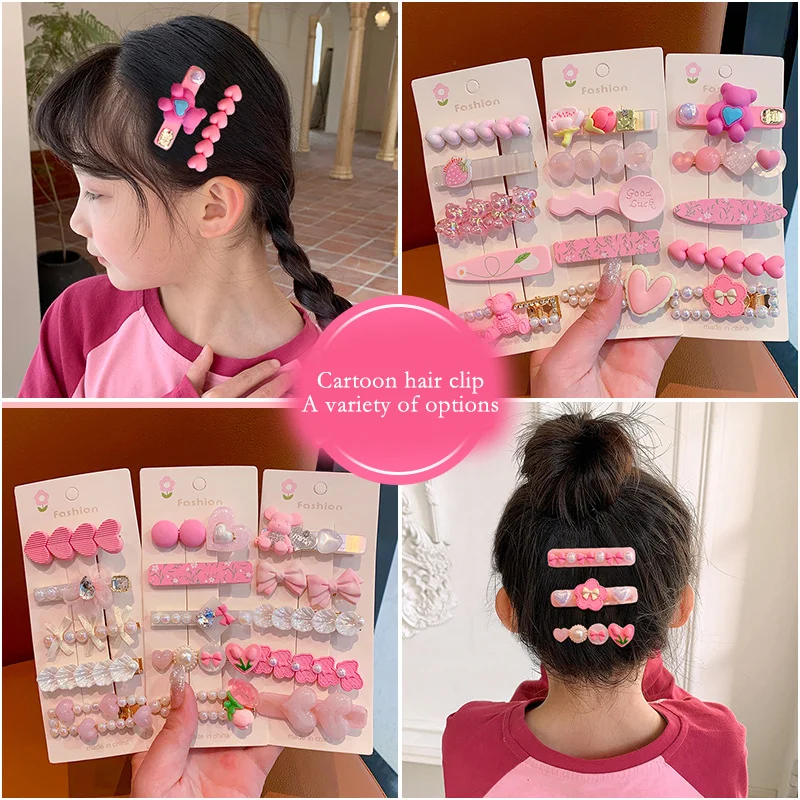 Wholesale Cartoon Cute Children Heart Flower Pink Hairpin Set Pearls Barrettes Hair Accessories For Girls Kids Hair Clip