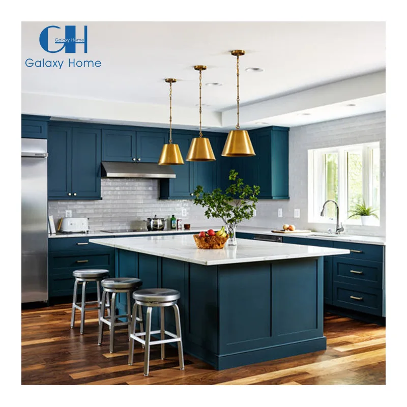 Custom Free Design Navy Blue PVC Vinyl Shaker Kitchen Cupboards Furniture Islands Modular Modern Kitchen Cabinets Design
