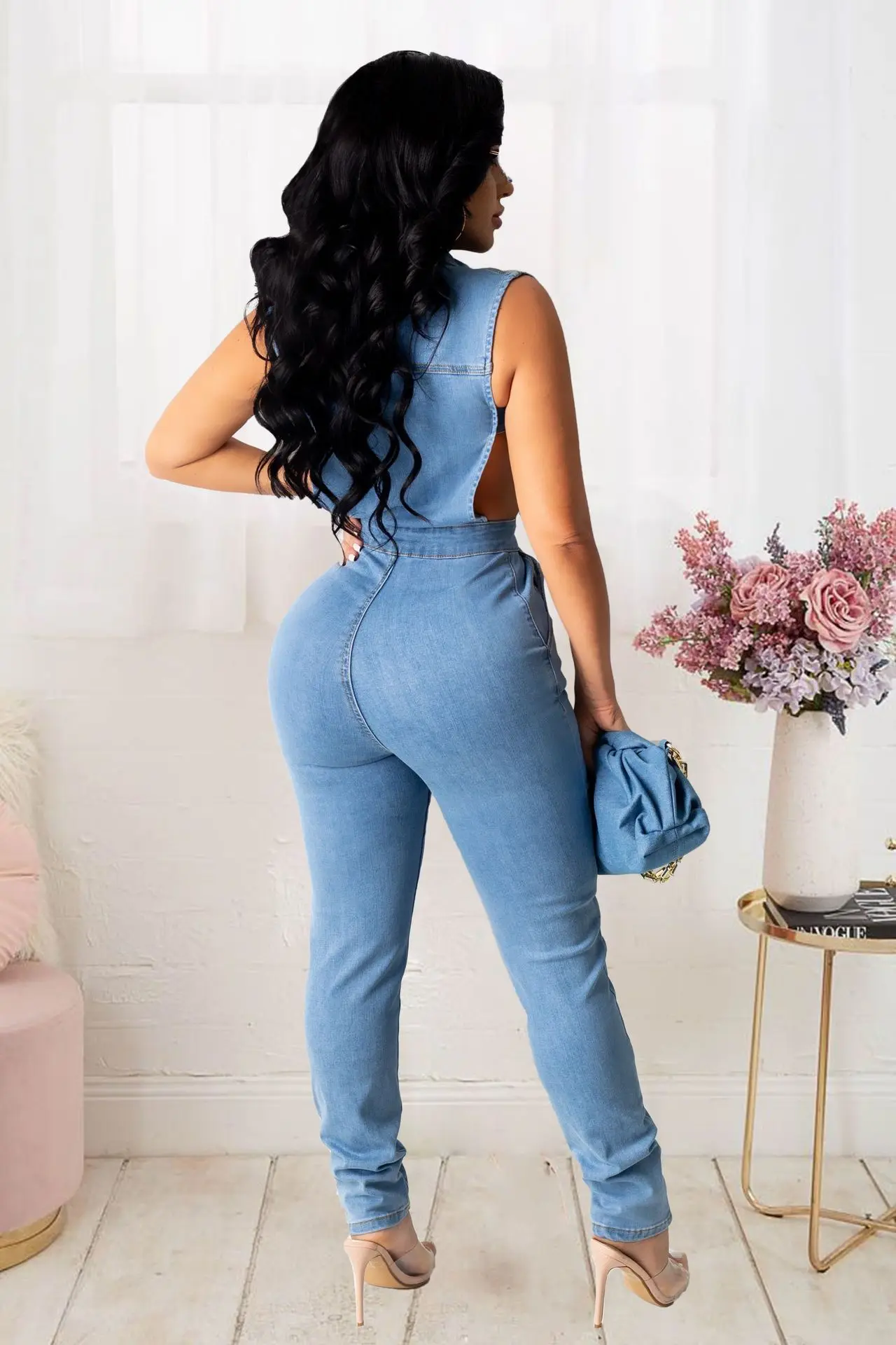 High Quality R08024 - fashion bodycon solid turn down collar hollow out button pockets sleeveless ladies jean jumpsuit
