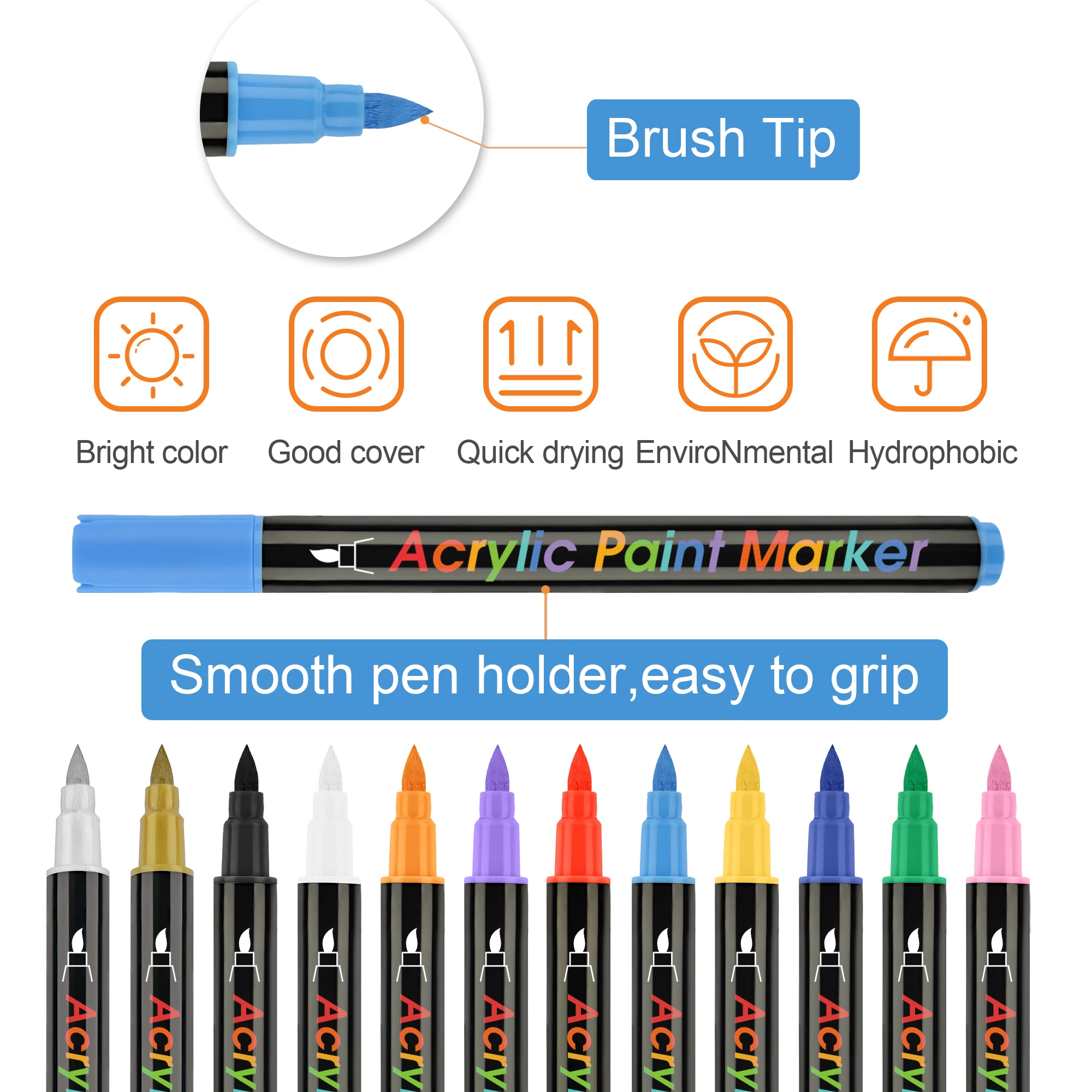 24 Classic Metallic Color Acrylic Paint Pens Double Pack Flexible Brush Tip Water-Based Markers Creative Painting Rocks Ceramic