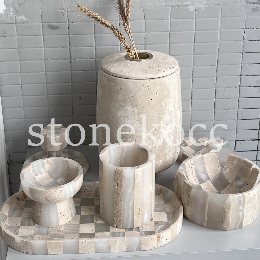 Stonekocc травертин и оникс смешанных цветов Wabi-Sabi Роскошный натуральный декоративный мраморный орнамент украшение для дома