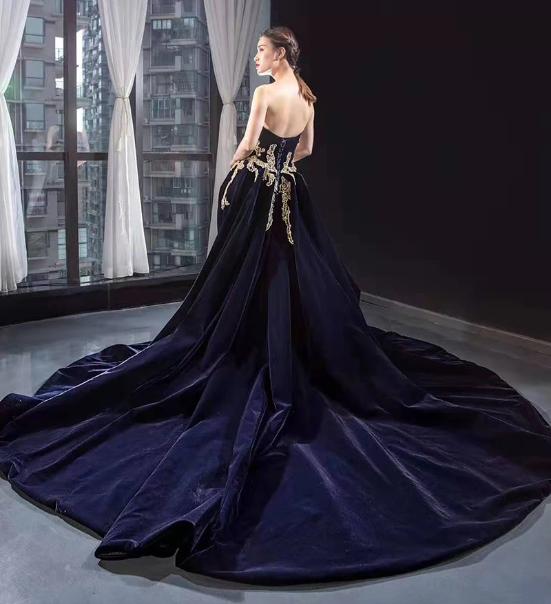 Real luxury high quality gold applique with belt empire waist hot selling evening dresses