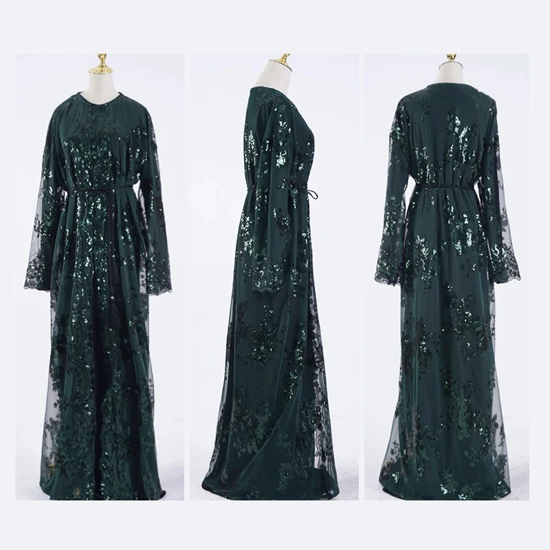 Factory direct sales customized new muslim kimono lace mesh embroidery cardigan wholesale sequins front open abaya kaftan