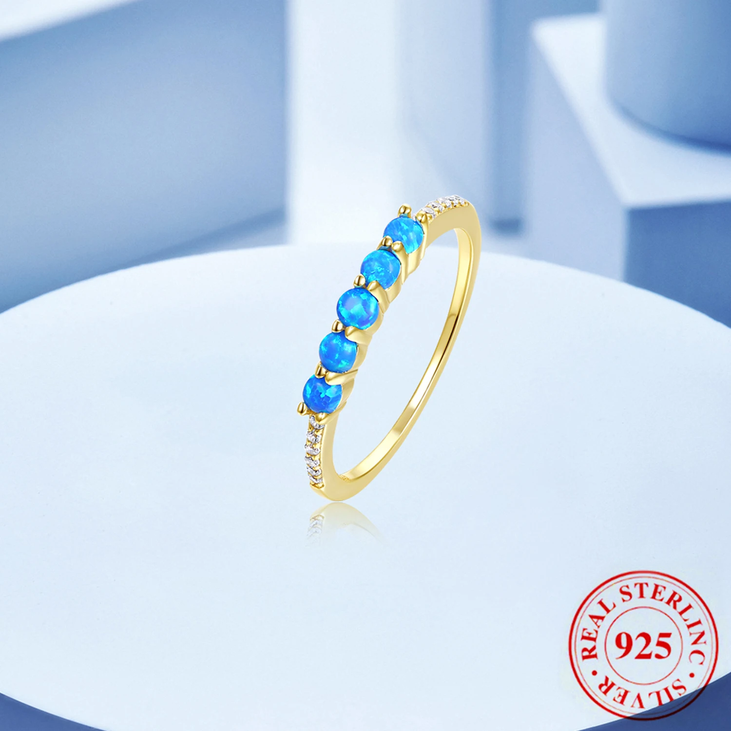 Fashion Dainty Ring round blue Synthetic Created Opal lab Cubic Zirconia Ring 925 Sterling Silver Opal Ring wedding engagement p