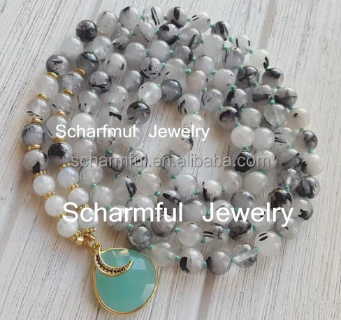 NS21418 Knot White Stone And Agate Bead 108 Pendant Necklace ,108 Bead Necklace