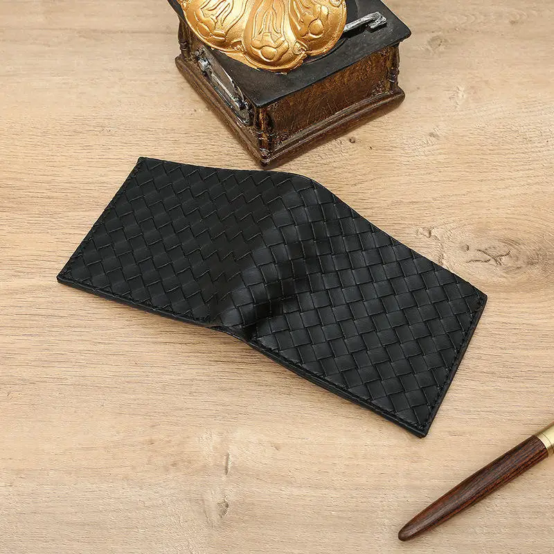 Fashion Vintage Short Wallet Genuine Leather Wallet Mini Purse Coin Pouch Woven Card Bag