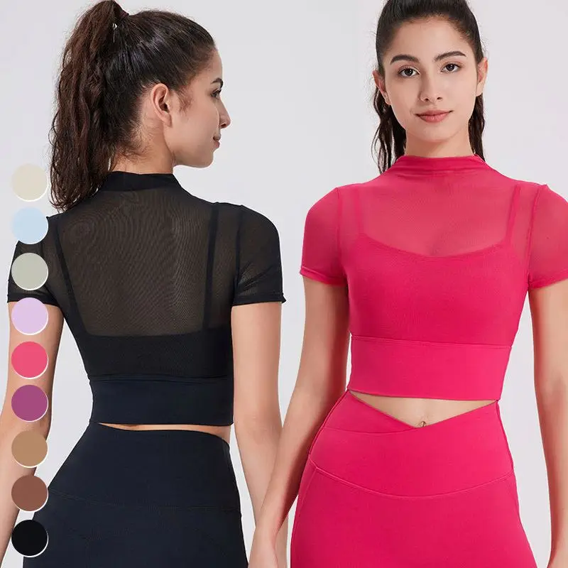 Quick Dry Workout Crop Top Sexy Mesh Running Woman Clothing Short Sleeve Fixed Padded Fitness T-shirt Sports T Shirt For Women