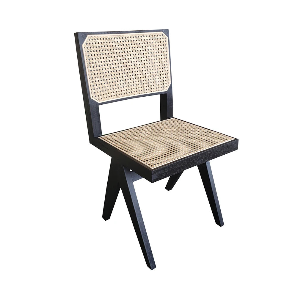 Mrs Woods Modern Nordic Style Black Oak Wooden Dining Room Chair With Rattan Back And Base