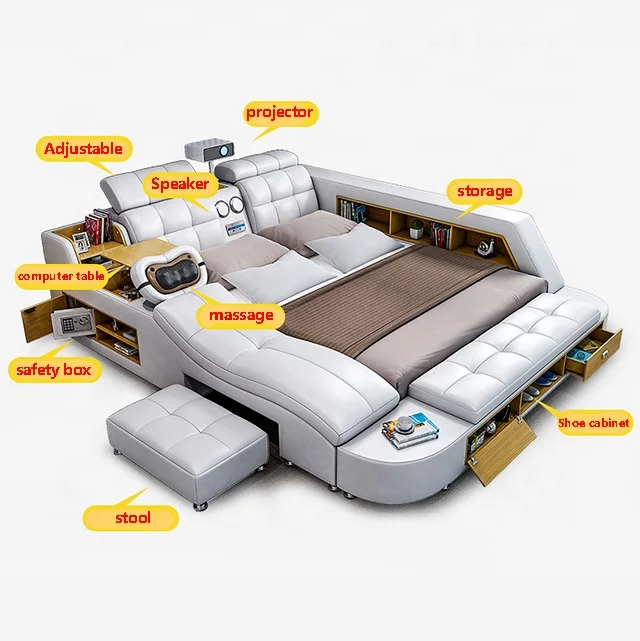 Intelligent china factory wholesale design solid wood frame manufactured leathers bed with projectorable bioscoops wholesales