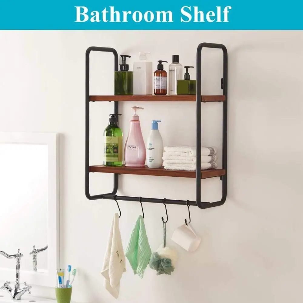
Solid Wood Wall Shelf with Hooks, 2-Tier Shelves Wall Mounted for Kitchen Bathroom Bedroom and Office, Rustic Entryway Hanging S 