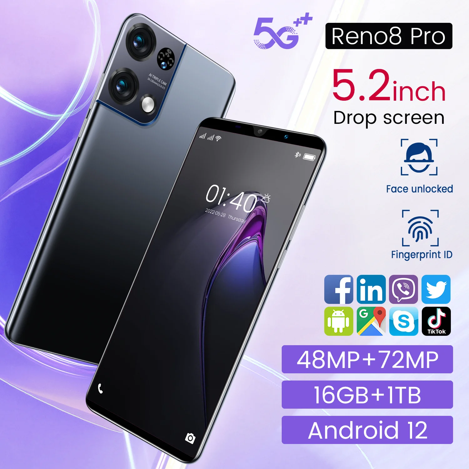 2023 New smartphone Reno8 Pro 5.2 inch 16GB+1TB dual sim Android12 48MP+72MP 5G smartphone mobile phone
