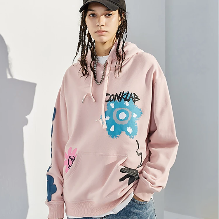 CONKLAB Wholesale Youth Kpop Loose Graffiti Floral Front Pocket Jumpers Ladies Printing Custom Women Cotton Hoodie