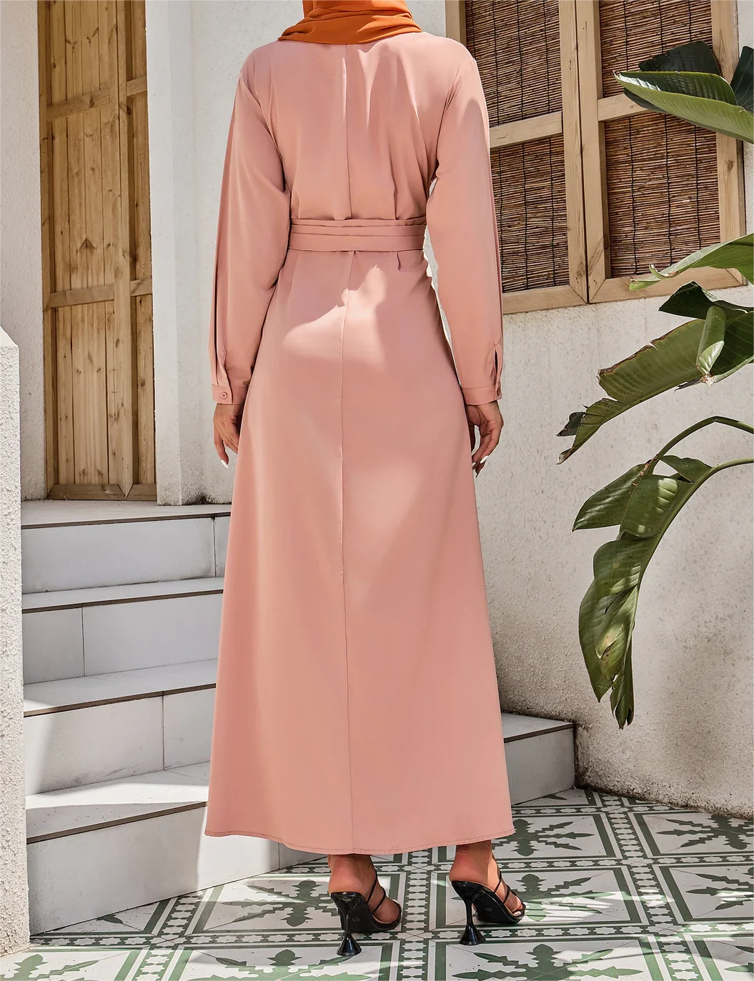 Wholesale Maxi Islamic Clothing Solid Color Middle East Arab Dubai Long Sleeve Golden rose Satin Dresses Women Muslim Dress
