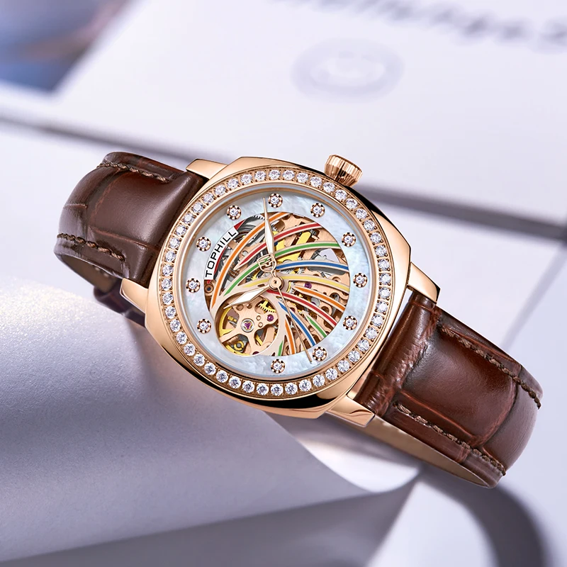 Tophill TUT001L Rainbow Diamond Swiss Custom OEM Automatic Mechanical Movement Stainless Steel For Luxury Ladies Female Watch