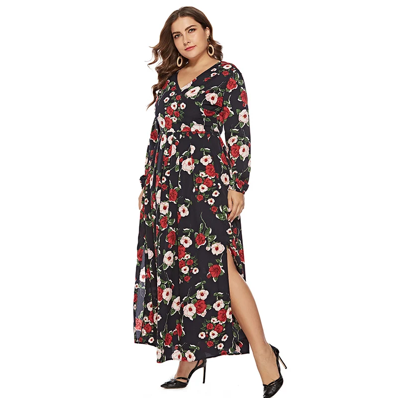 newest design autumn long sleeve printed chiffon plus size women dress