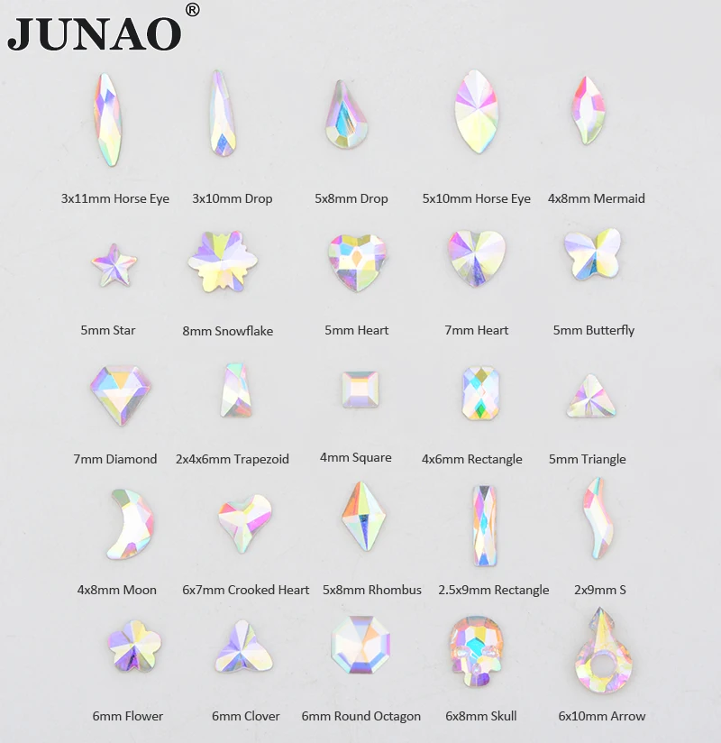 JUNAO 100 Styles Round Heart Drop Shapes Non Hotfix AB Crystal Strass Flat Back Nail Art Rhinestones For Nails
